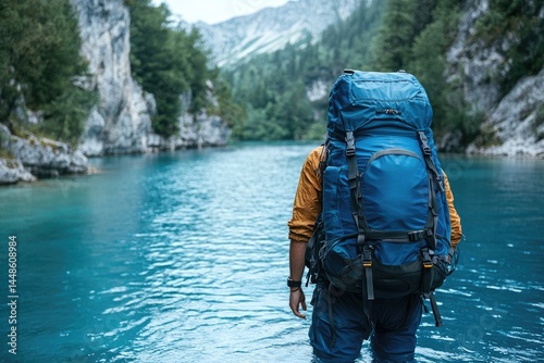 Obraz na płótnie A person stands in water with large backpack near mountains w salonie