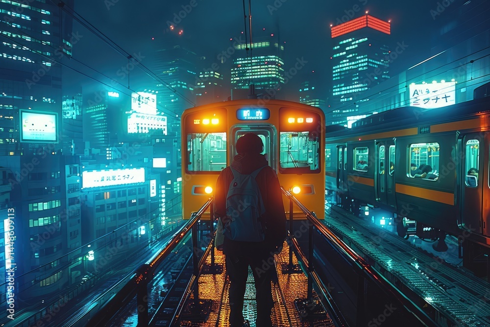 A person standing before a brightly lit train at night