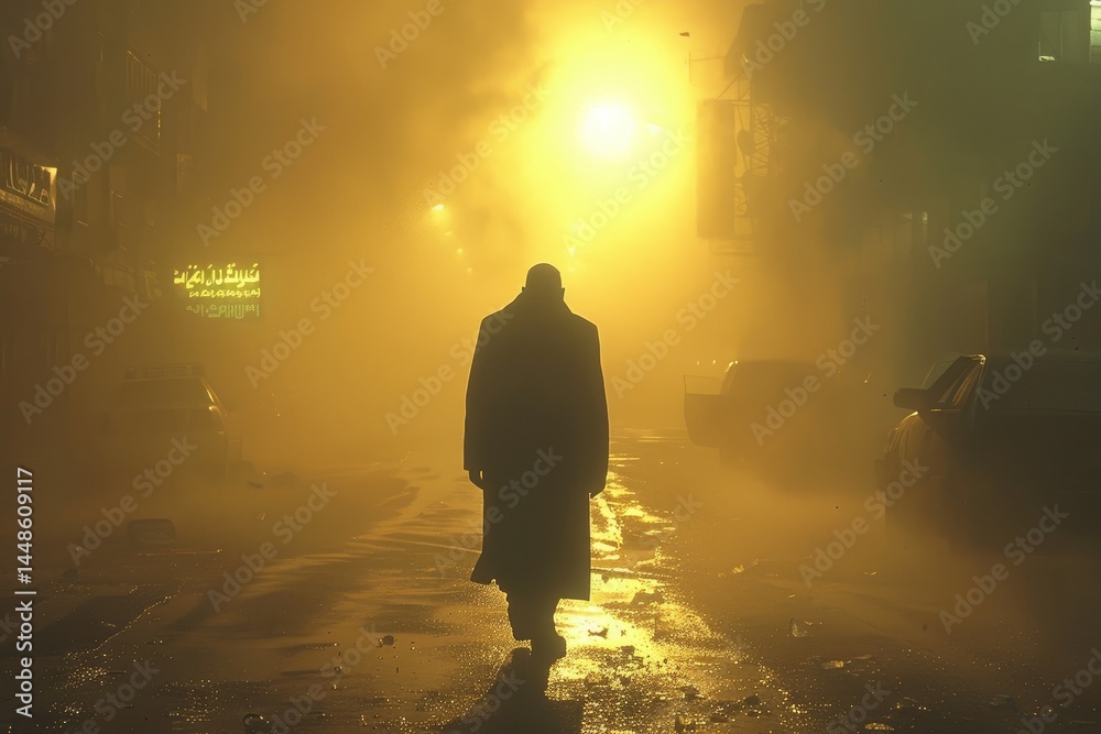 A person wearing a coat walks down a misty street