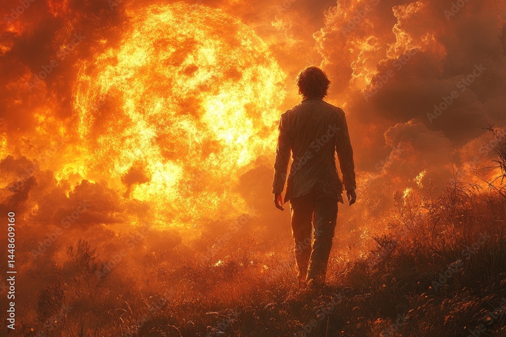A Person Walks Towards a Large Fiery Explosion in Sky