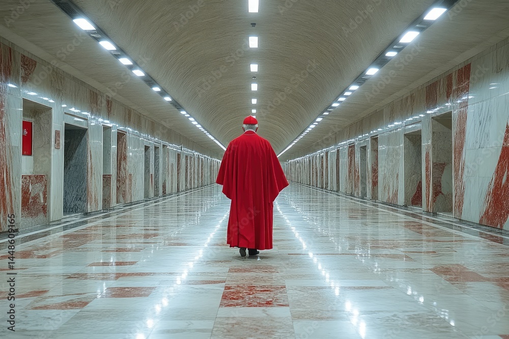 A person wearing red robes walks down a long hallway