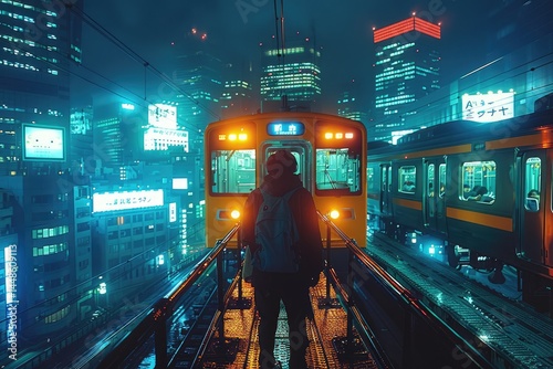 A person standing before a brightly lit train at night