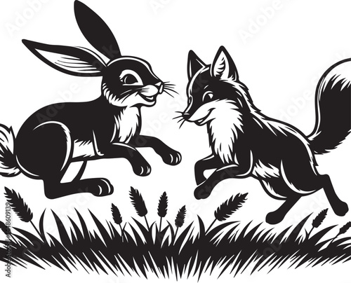 Friendly Rabbit and Fox Playfully Flying Through Fields. A whimsical black and white illustration of a rabbit and a fox joyfully flying through a field of flowers.