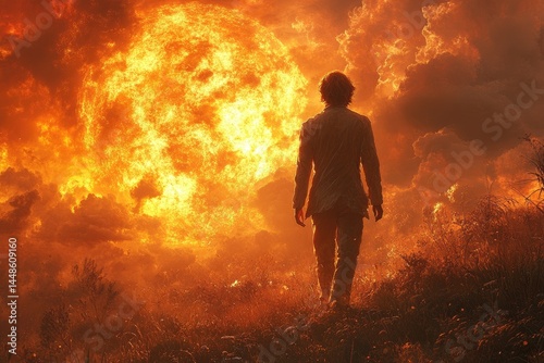Obraz na płótnie A Person Walks Towards a Large Fiery Explosion in Sky w salonie