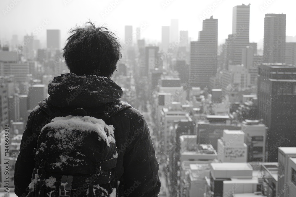 A person views a sprawling city landscape on a snowy day