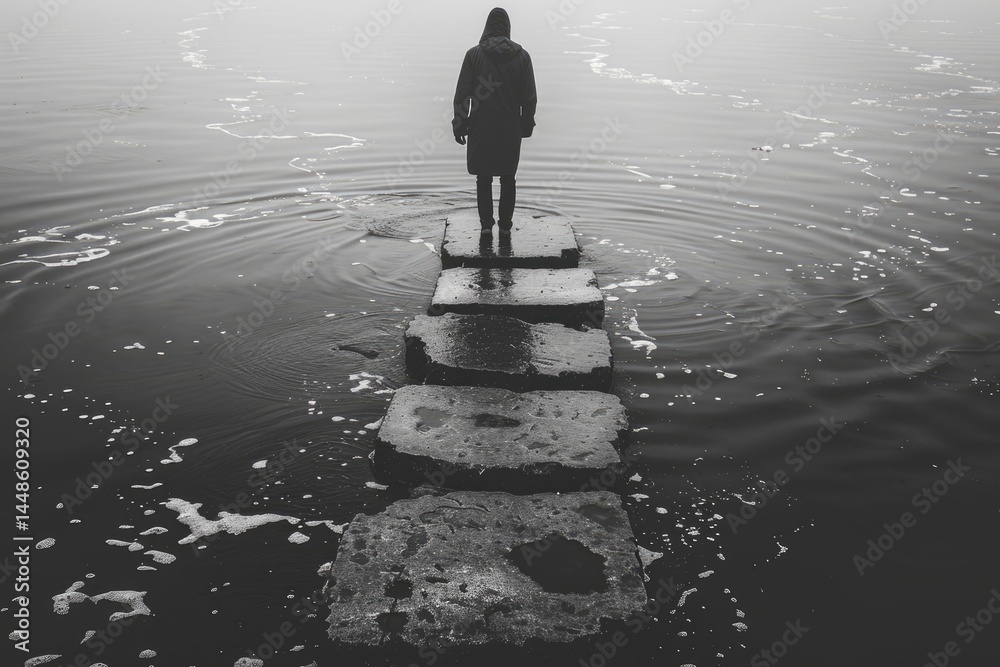 A person walks across stone steps on a body of water
