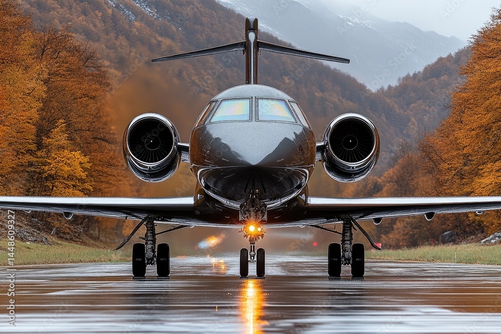 A private jet rests upon a wet runway amongst autumn scenery