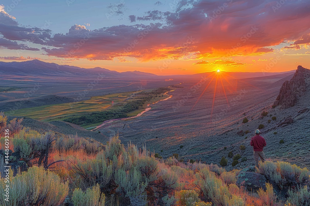 A person watching the sunset over a scenic mountain landscape