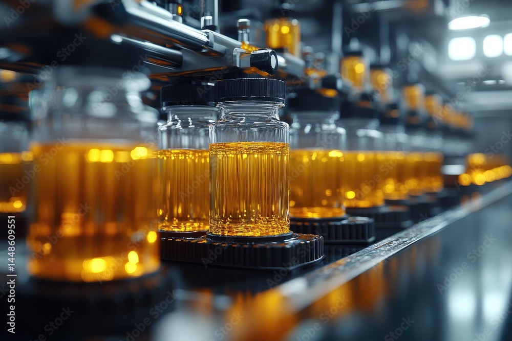 A production line processing many glass vials of yellow liquid