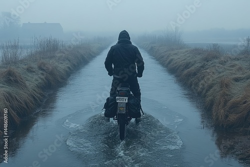 Obraz na płótnie A person rides a motorcycle through water on a foggy day w salonie