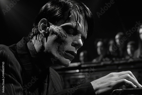 A person playing a piano in black and white