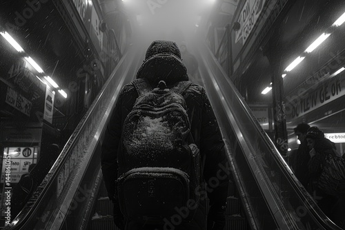 Obraz na płótnie A person riding an escalator in a snowy urban environment w salonie