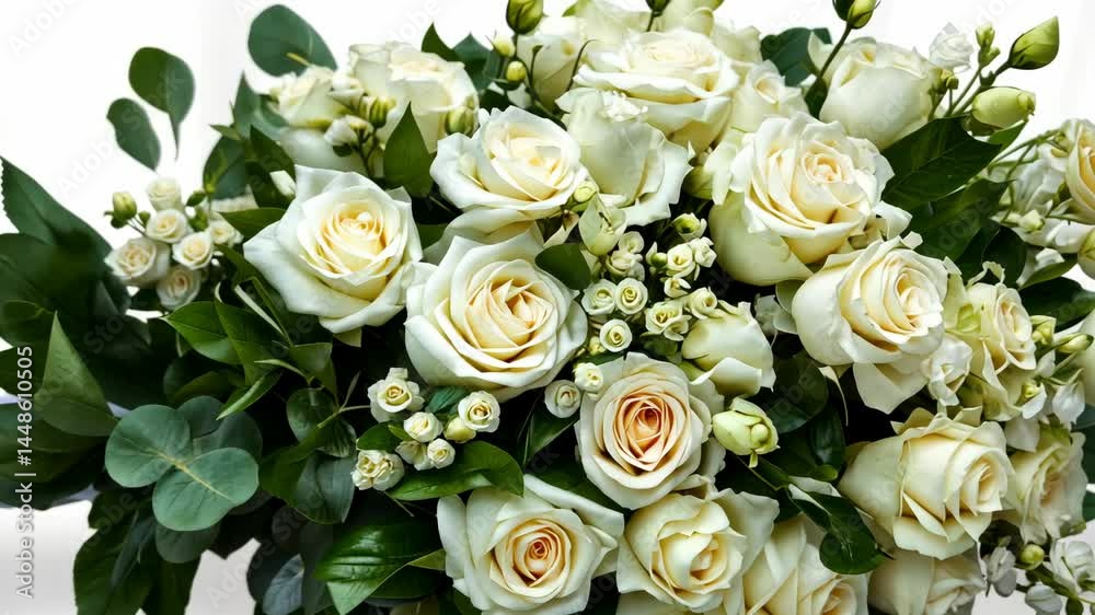 Elegant white rose bouquet display with lush greenery in three dynamic views Elegant white rose bouquet display with lush greenery in three dynamic views