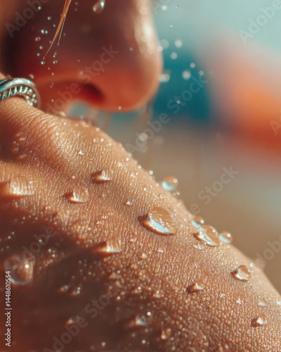 Close-up View of Water Droplets Glistening on Tanned Skin During a Sunny Day by the Beach