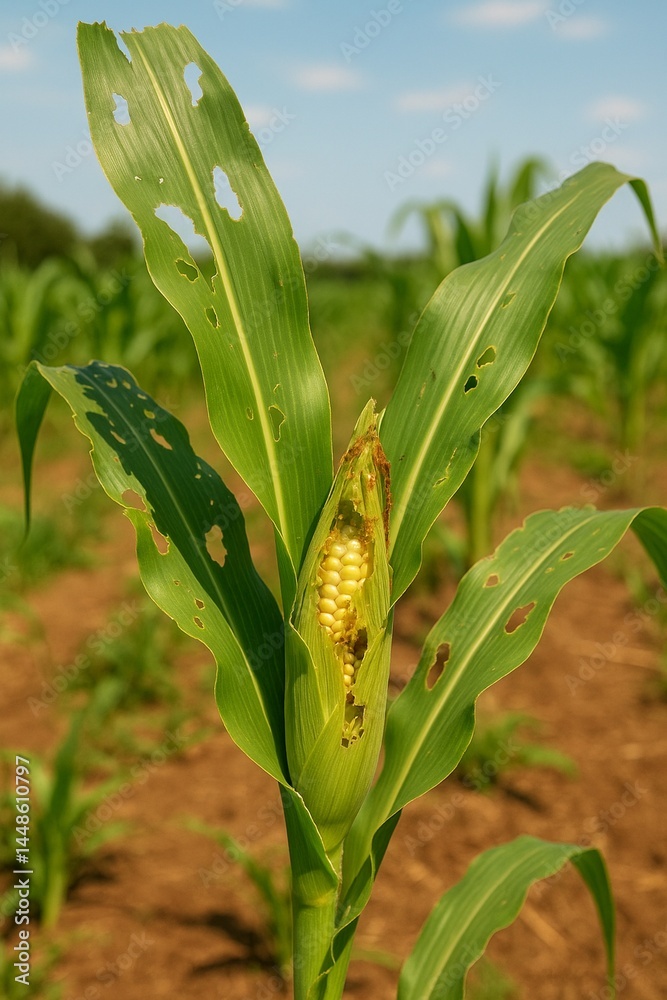 Fototapeta premium Maize plant with visible damage from caterpillar feeding