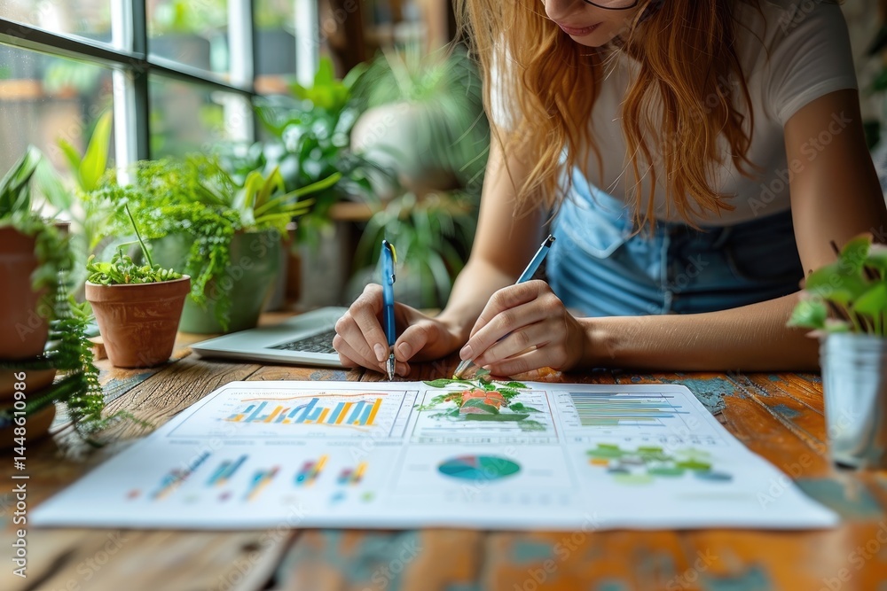 A person is analyzing diagrams with a green plant nearby