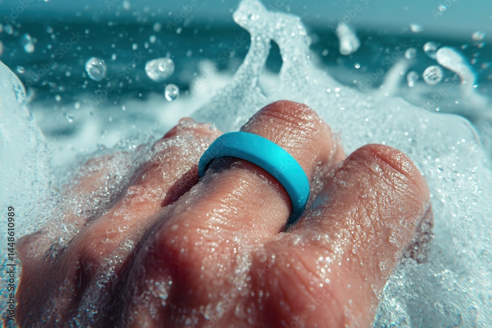 Fototapeta premium Hand wearing a blue ring splashes through ocean waves on a sunny day by the beach