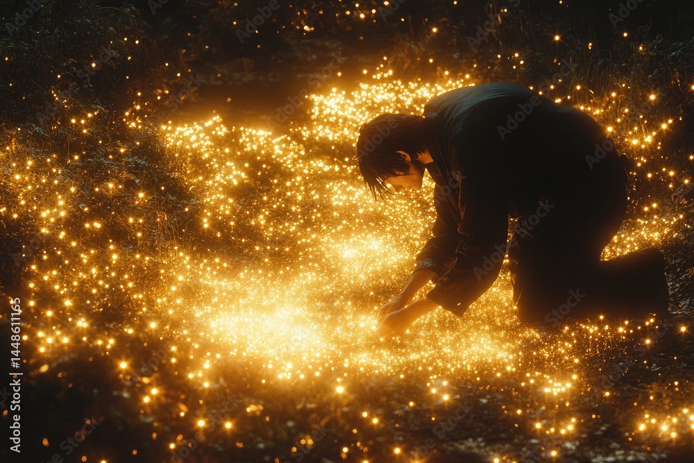 A Person Kneels Amidst Glowing Illuminated Sparkling Particles
