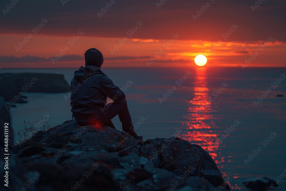 A Person Watching The Sunset Over The Ocean Rocks