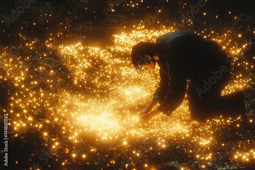 Obraz na płótnie A Person Kneels Amidst Glowing Illuminated Sparkling Particles w salonie