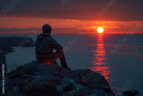 Obraz na płótnie A Person Watching The Sunset Over The Ocean Rocks w salonie