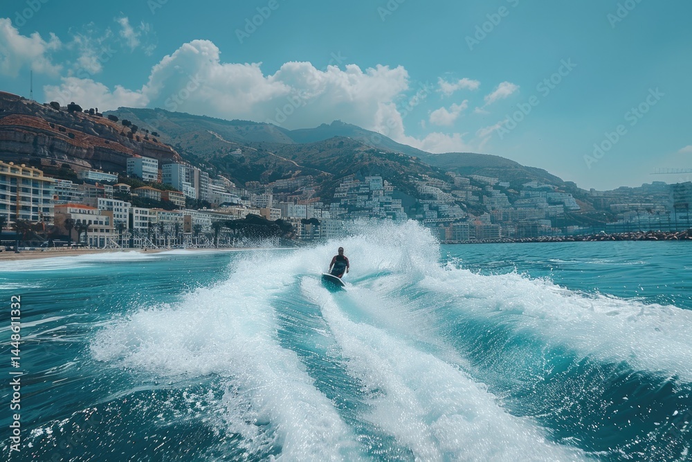 A person riding a hydrofoil board on the ocean water