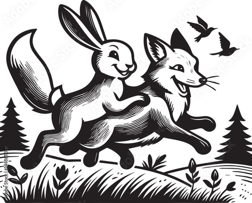 Friendly Rabbit and Fox Playfully Flying Through Fields. A whimsical black and white illustration of a rabbit and a fox joyfully flying through a field of flowers.
