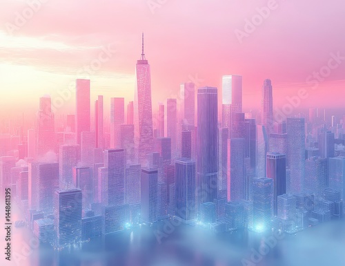 Pink Cityscape Sunrise Fog.