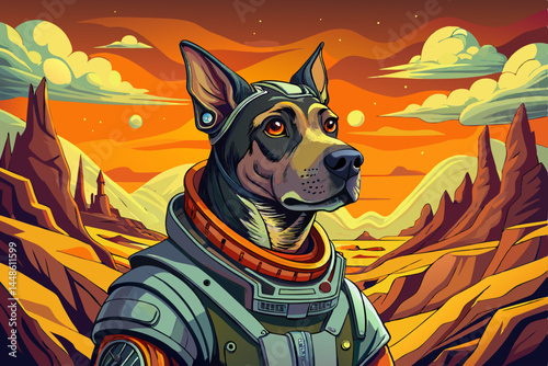 Dog astronaut exploring the surface of Mars, wearing a space suit and surrounded by red rocky terrain and alien landscapes, perfect for sci-fi