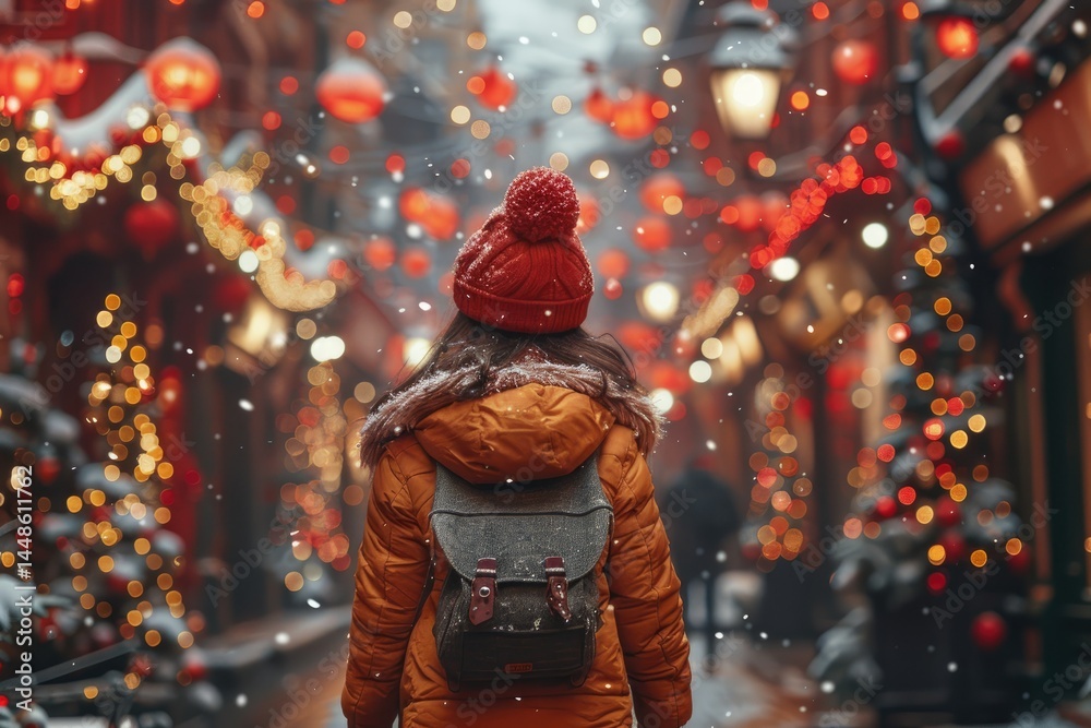 A person walking down a snow covered festive decorated street