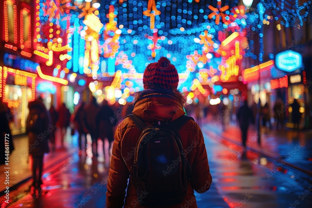 A person walking through illuminated city streets at night
