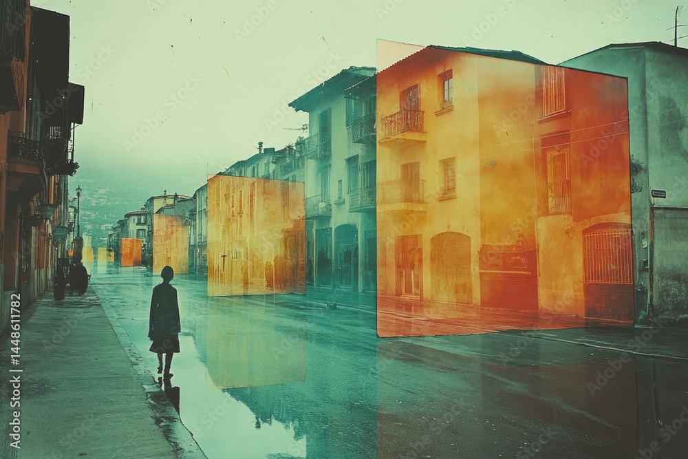A person walking alone on a wet city street