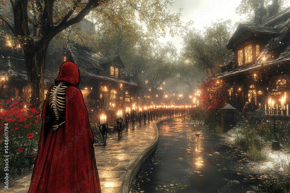 A person wearing red cloak stands on a riverbank