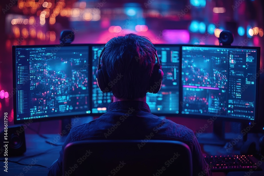 A person wearing headphones is focused on computer monitors