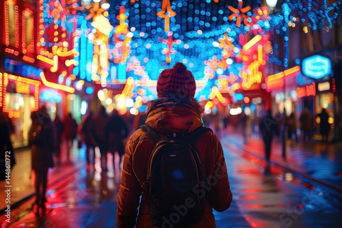 Obraz na płótnie A person walking through illuminated city streets at night w salonie