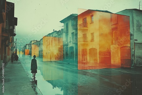 Obraz na płótnie A person walking alone on a wet city street w salonie