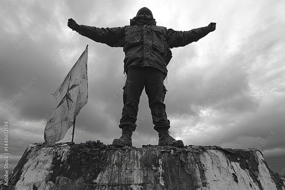 A person stands triumphantly with arms raised near a flag