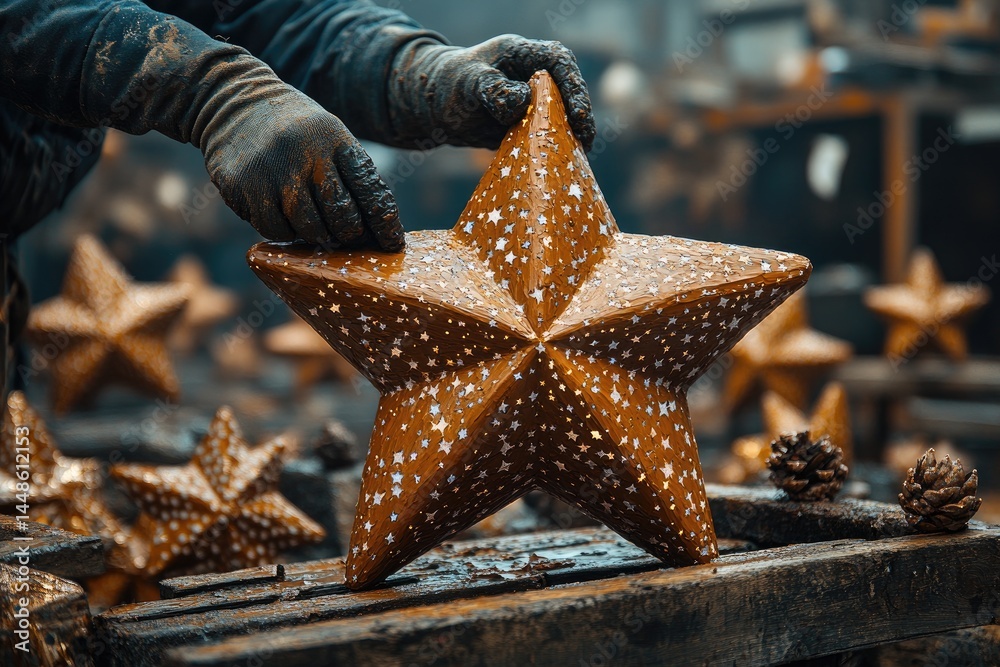 A person is holding a large golden star decoration piece