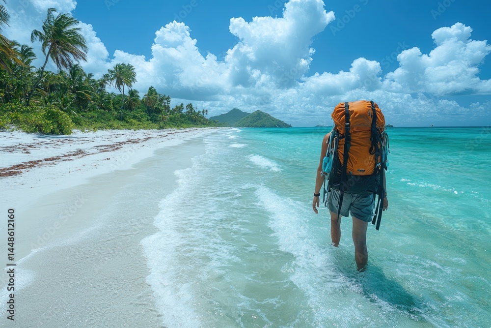 A person wearing a large backpack walking in the ocean water