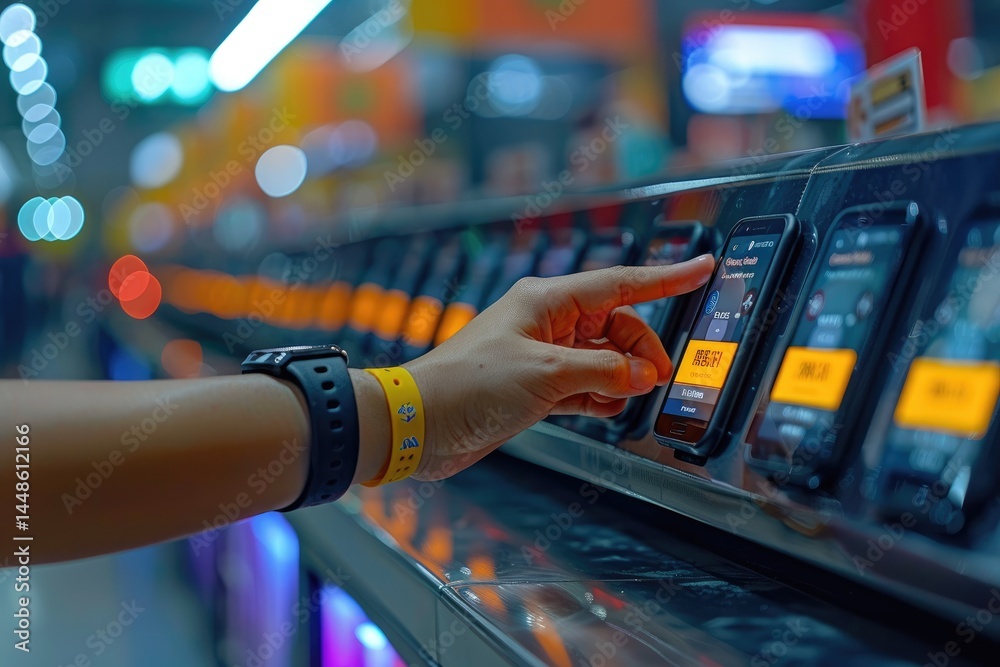 A person selecting a smartphone on display in a store setting