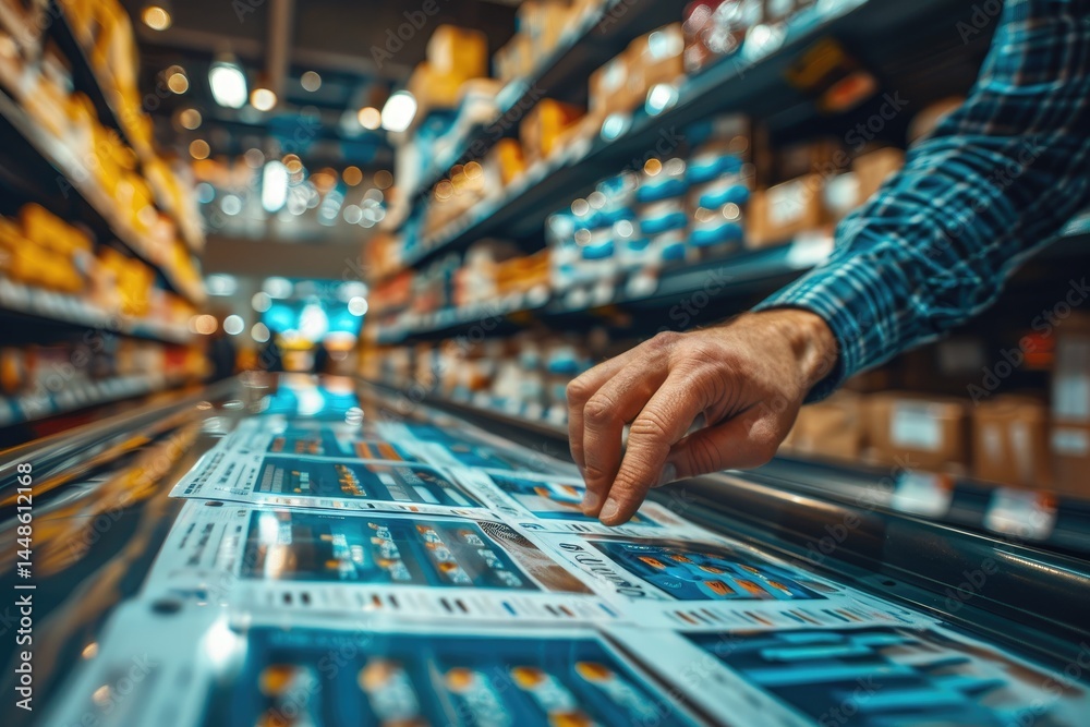 A persons hand selecting products in a supermarket display