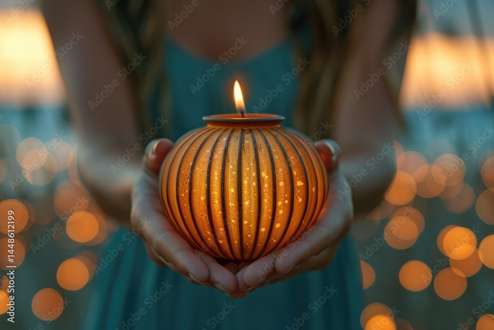 A person tenderly holds a glowing candle lantern softly