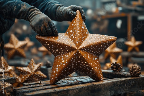 Obraz na płótnie A person is holding a large golden star decoration piece w salonie