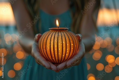 A person tenderly holds a glowing candle lantern softly