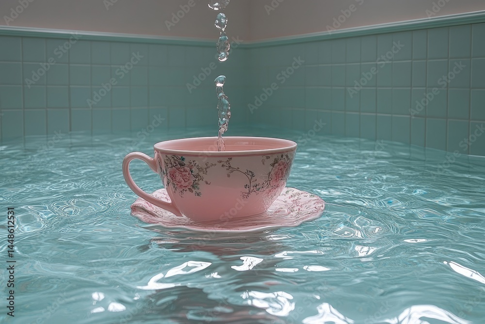 A pink teacup floating in water with falling droplets elegantly