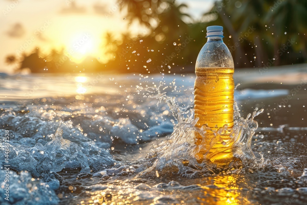 A plastic bottle of liquid stands in ocean water splashing