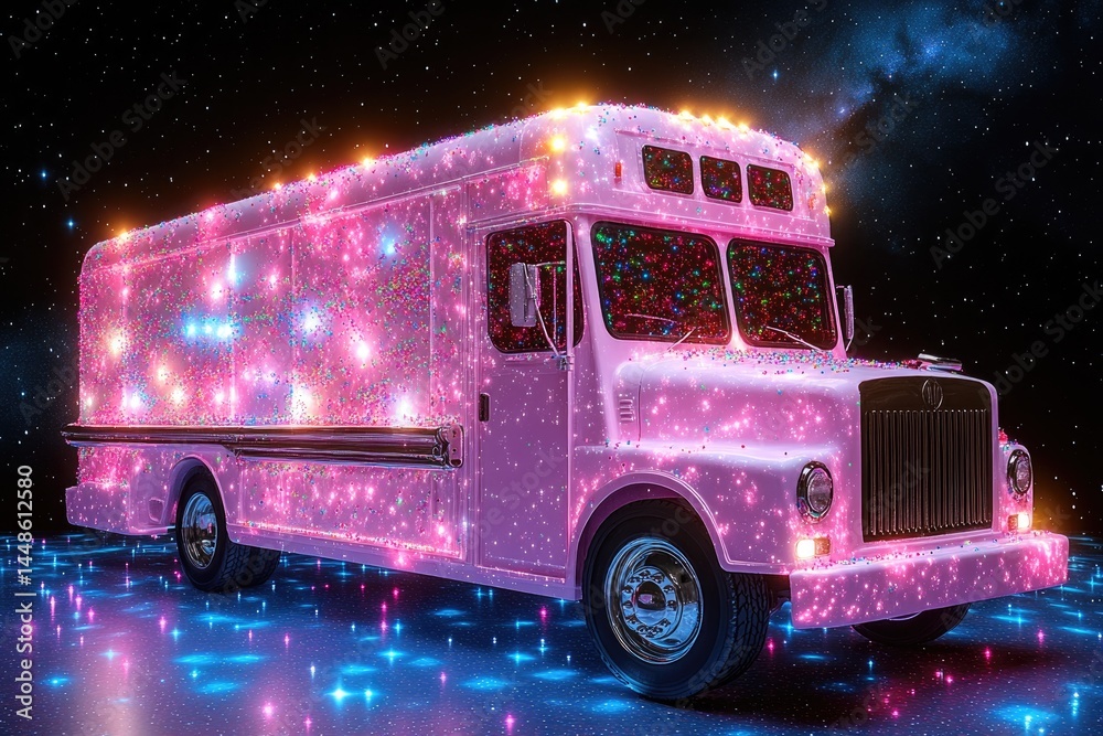A pink vehicle sparkles with lights against a starry night sky