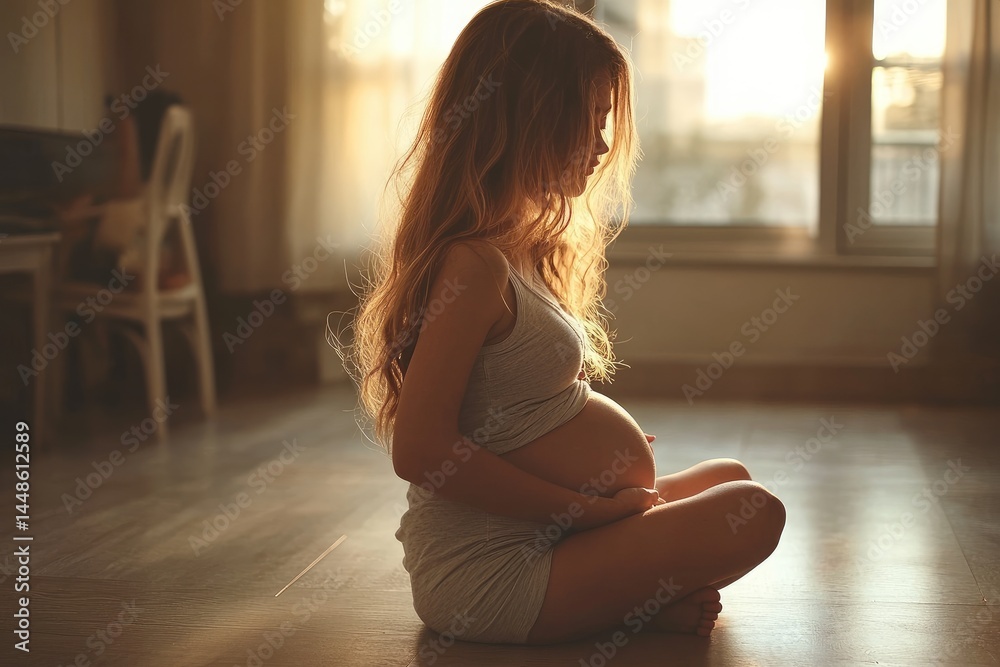 A pregnant woman sits meditating in the warm natural sunlight