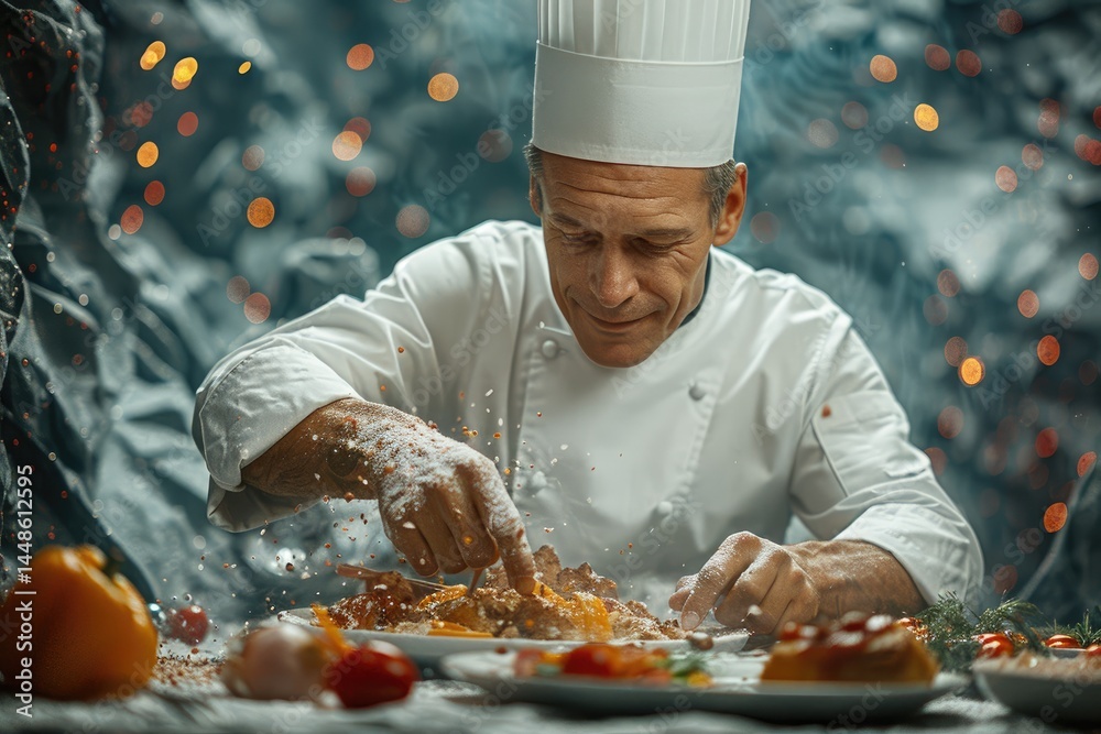 A professional chef working to prepare a delicious food dish