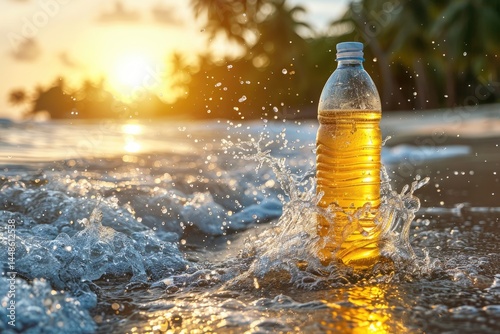 Obraz na płótnie A plastic bottle of liquid stands in ocean water splashing w salonie